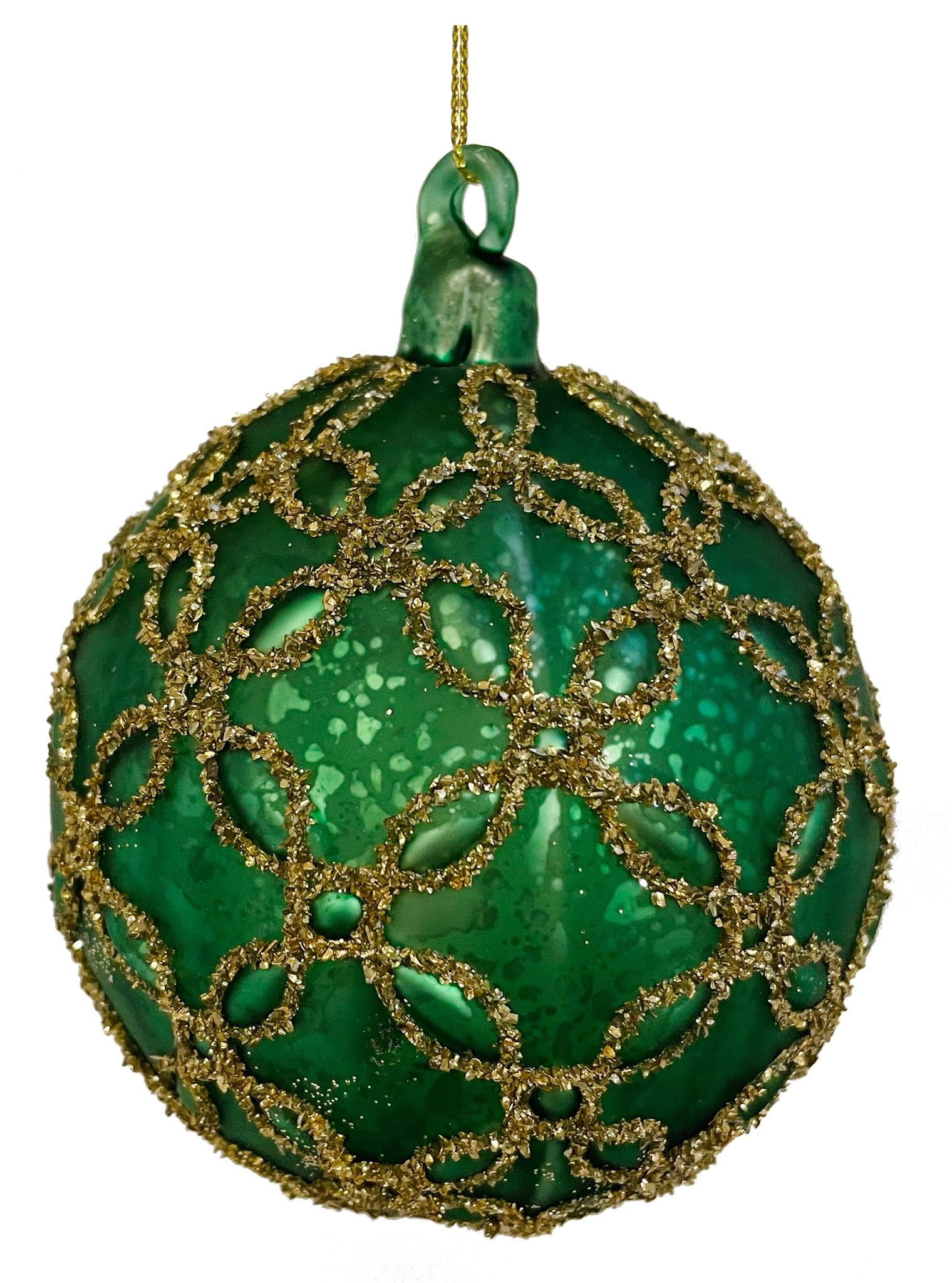 Large Glittered Flowers Glass Ball Ornament in Dark Green