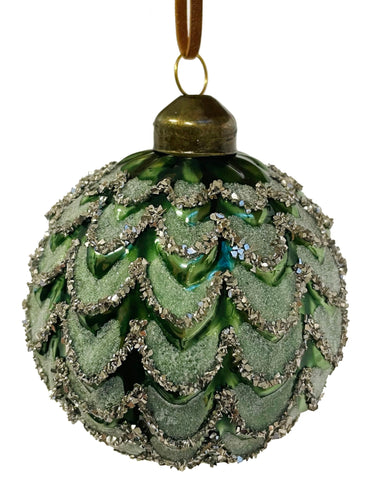 Glittered Ruffled Glass Ball Ornament in Green/Silver