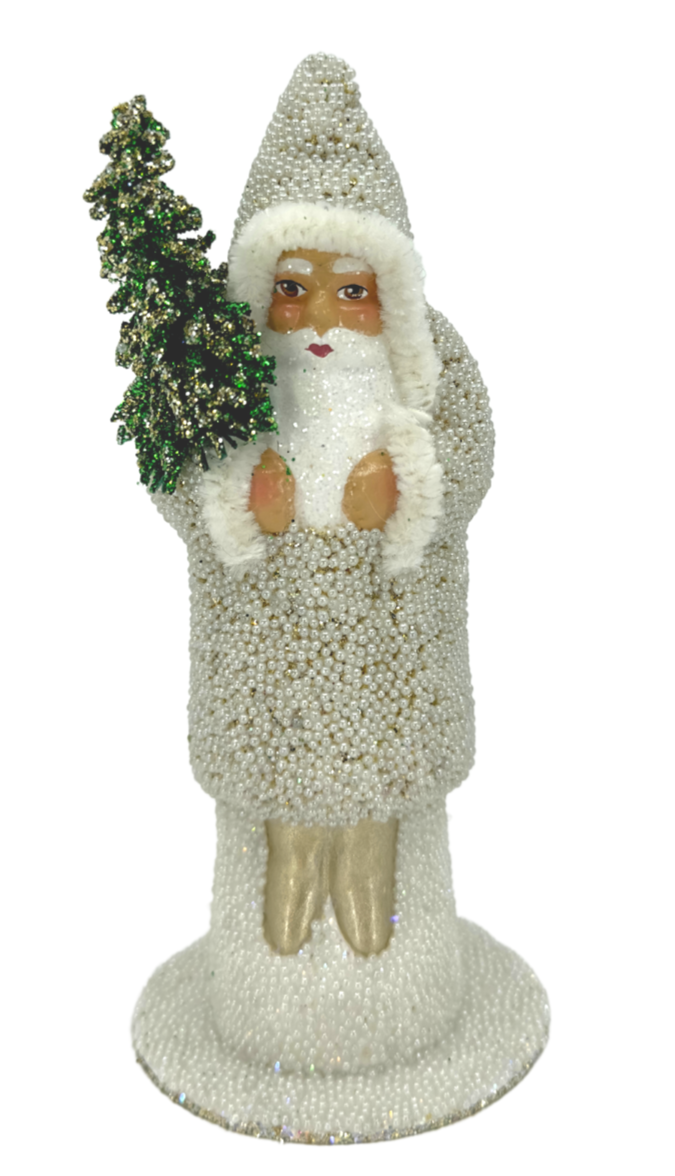 White + Gold Beaded Santa with Fir Tree