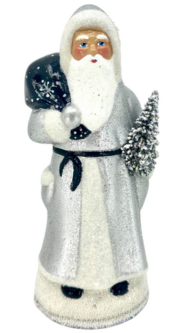 Glittered Santa with Blue Toy Bag in Silver