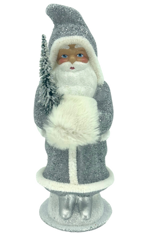 Glittered Santa with Silver Hooded Coat + Fur Hand Muff