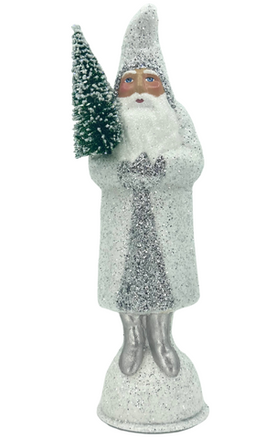 Glitter + Beaded White + Silver Santa with Fir Tree