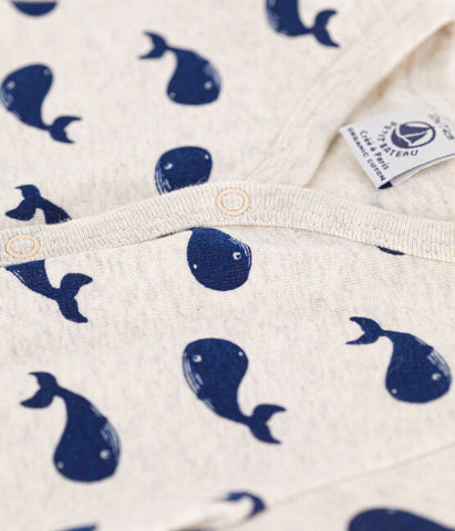 Short Sleeve Whale Print Romper in Grey + Navy