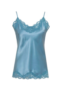 Floral Lace-Trimmed Silk Camisole in Baltic Blue