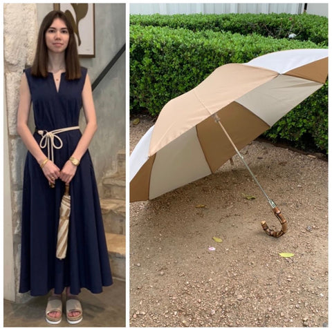 Bamboo Handled Umbrella in Ivory + Beige