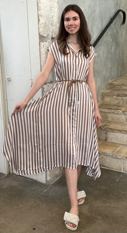 Sleeveless Striped Button-Front Belted Midi Dress in Beige + White