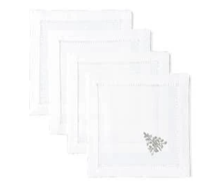 Set of 4 Embroidered Cocktail Napkins with Modern Silver Tree