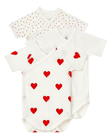 Short Sleeve Crossover Heart Print Bodysuit 3 pack in White/Red