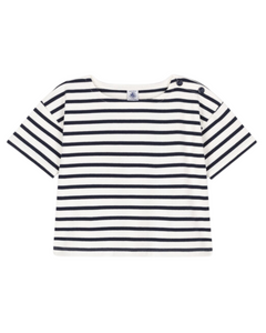Short Sleeve Striped Tee with Shoulder Button in White/Navy