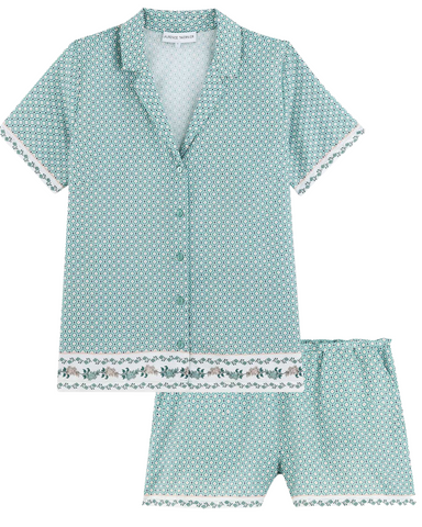 Bastide Printed Cotton Sateen Sleep Shirt + Pajama Shorts Set in Lichen