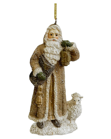 Carved Santa with Sheep Ornament in Beige