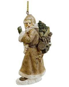 Carved Santa with His Sack Ornament in Beige