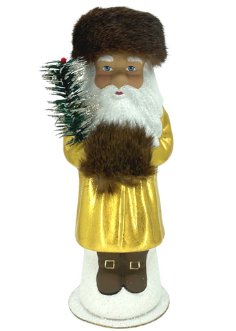 Glittered Santa with Fur Hat and Hand Muff in 24K Gold Leaf Coat