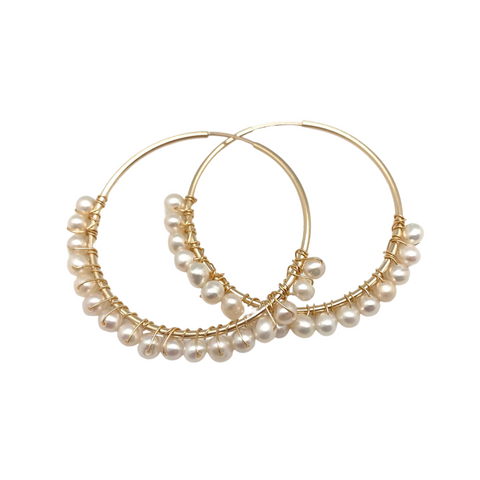 Mia Beaded Pearl Hoop Earrings in Gold