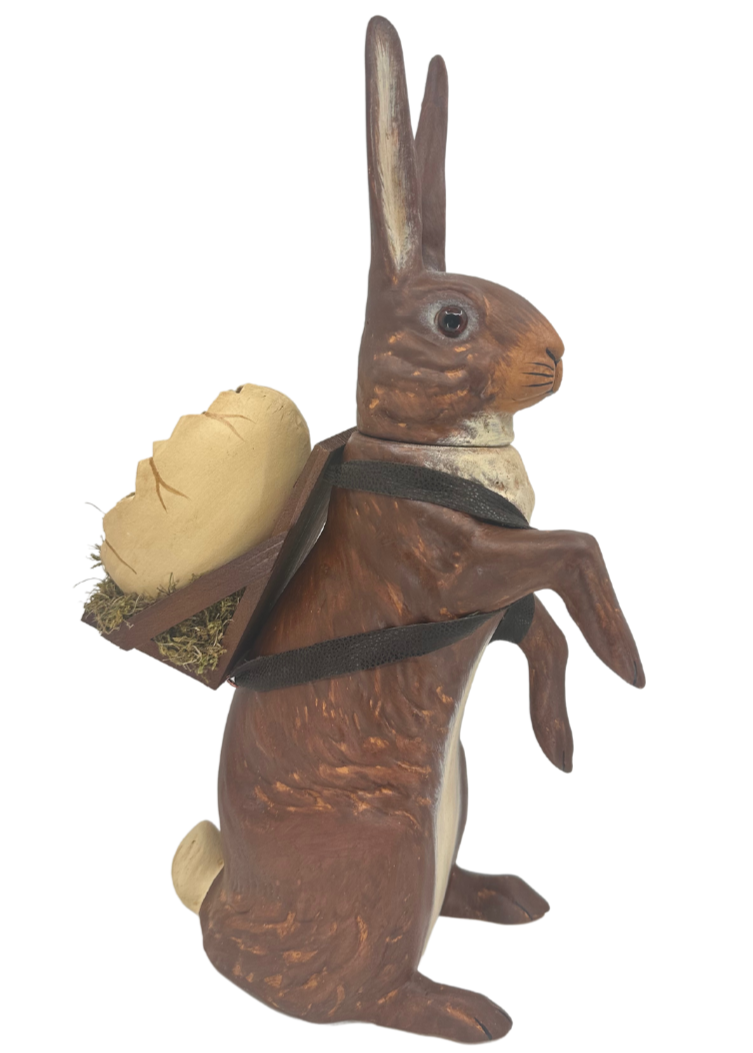 Paper Mache Upright Bunny with Container with Egg Basket in Dark Brown