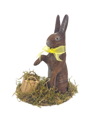 Paper Mache Painted Bunny with Basket on Base in Dark Brown