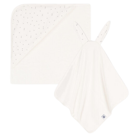 Star Print Baby towel + Wash Cloth Set in White/Grey
