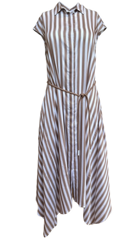 Sleeveless Striped Button-Front Belted Midi Dress in Beige + White