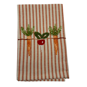 Melograno Embroidered Striped Kitchen Towel in Carrot + Radish