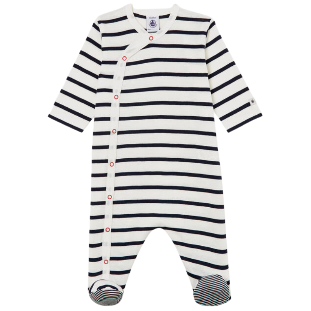 Striped Side Snap Footie in White/Navy