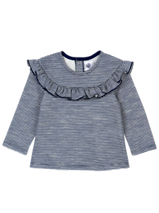 Tespoir Long Sleeved Striped Ruffled Top in Navy + White