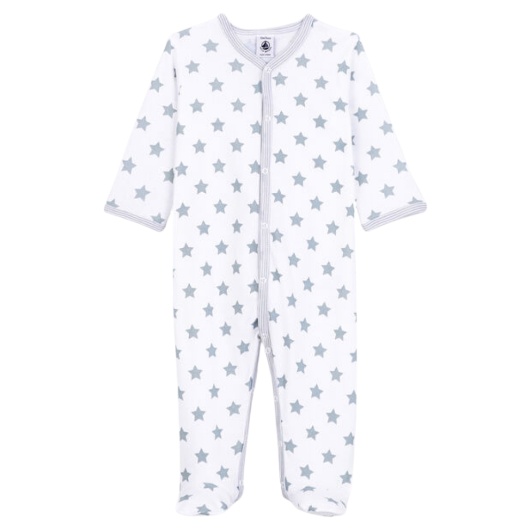 Star Print Front Snap Footie in White/Grey
