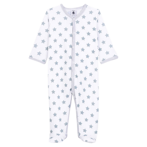 Star Print Front Snap Footie in White/Grey