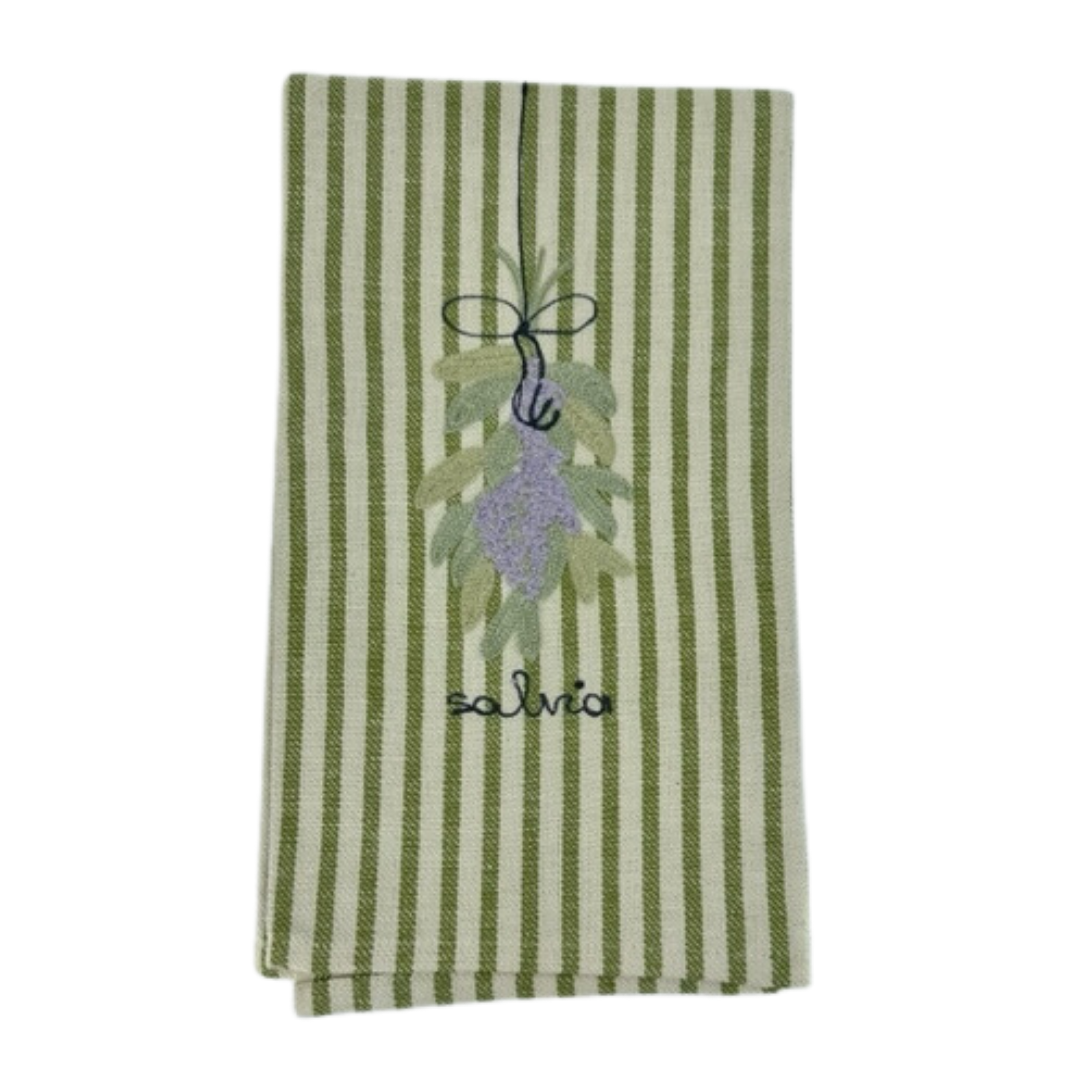 Melograno Embroidered Green Striped Kitchen Towel in Salvia