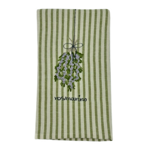 Melograno Embroidered Green Striped Kitchen Towel in Rosemary