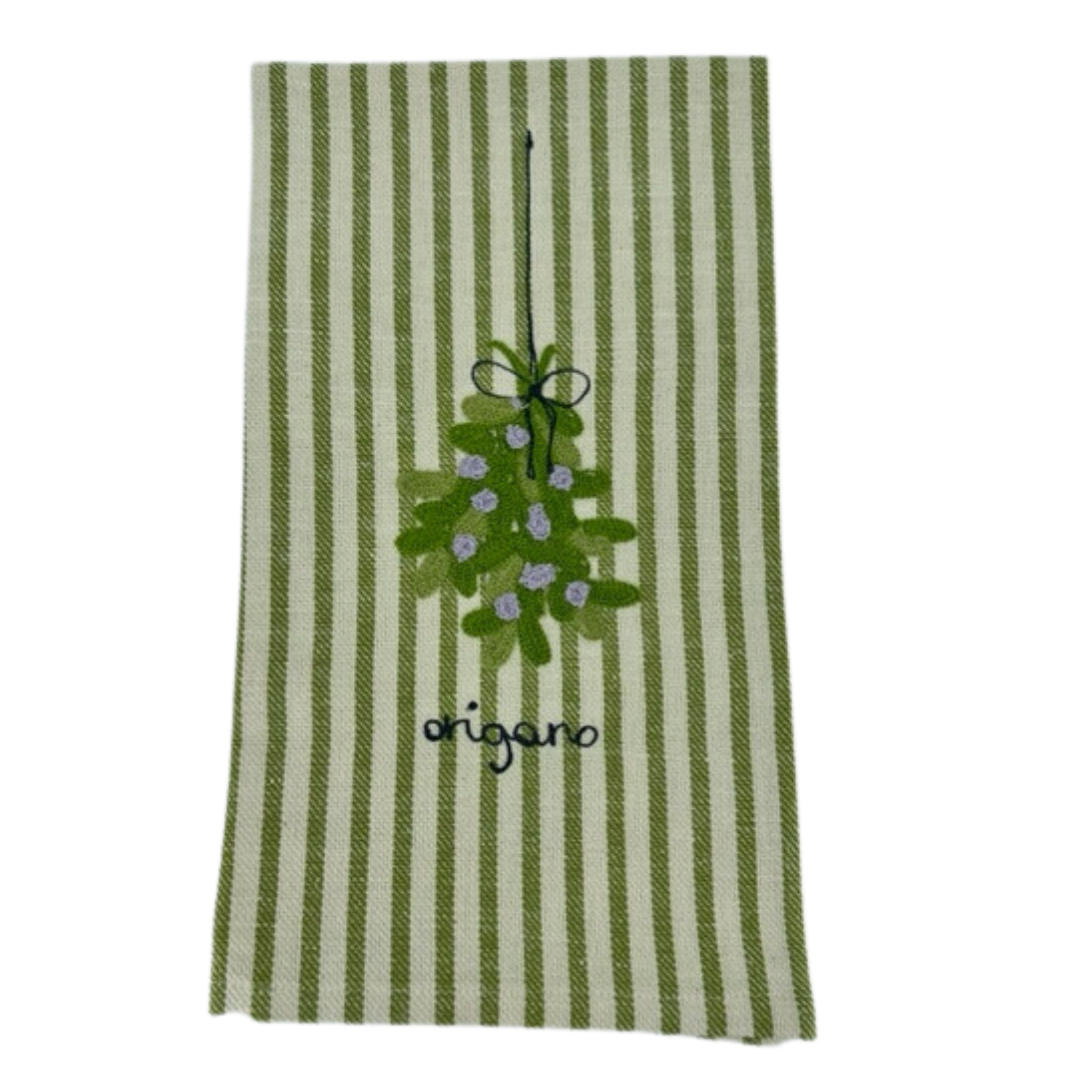 Melograno Embroidered Green Striped Kitchen Towel in Oregano