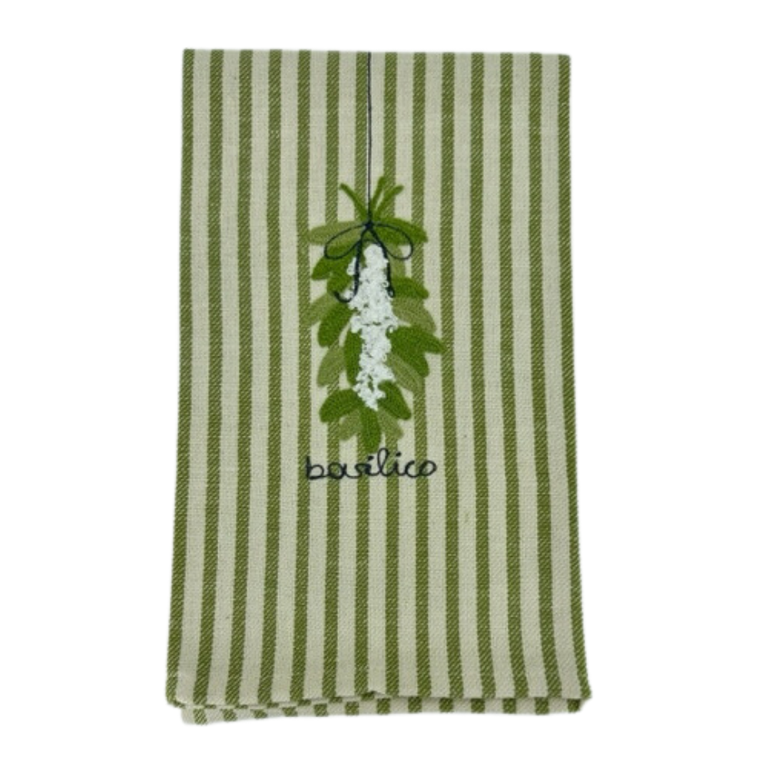 Melograno Embroidered Green Striped Kitchen Towel in Basil