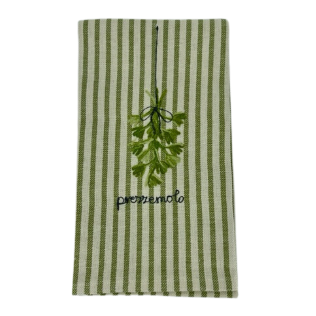 Melograno Embroidered Green Striped Kitchen Towel in Parsley