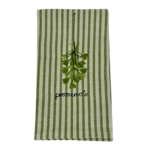 Melograno Embroidered Green Striped Kitchen Towel in Parsley