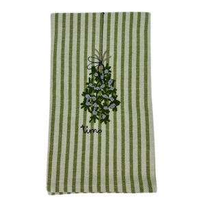 Melograno Embroidered Green Striped Kitchen Towel in Thyme