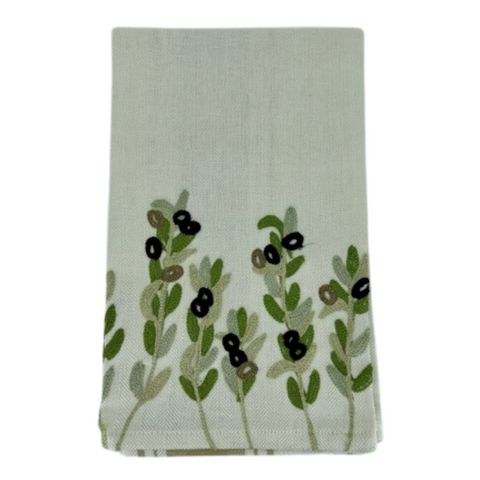 Due Fragole Embroidered Flax Striped Kitchen Towel in Olive