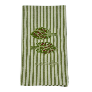Due Fragole Embroidered Green Striped Kitchen Towel in Artichoke