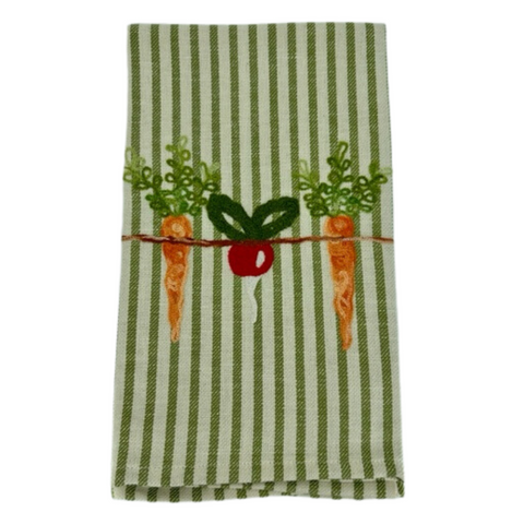 Melograno Embroidered Green Striped Kitchen Towel in Carrot + Radish