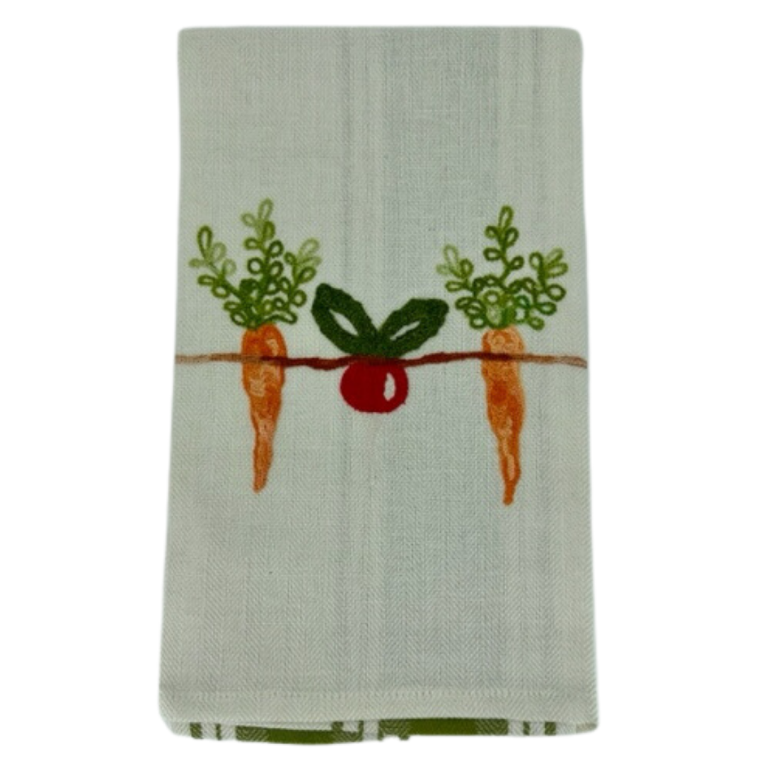 Due Fragole Embroidered Green Striped Kitchen Towel in Carrot + Radish