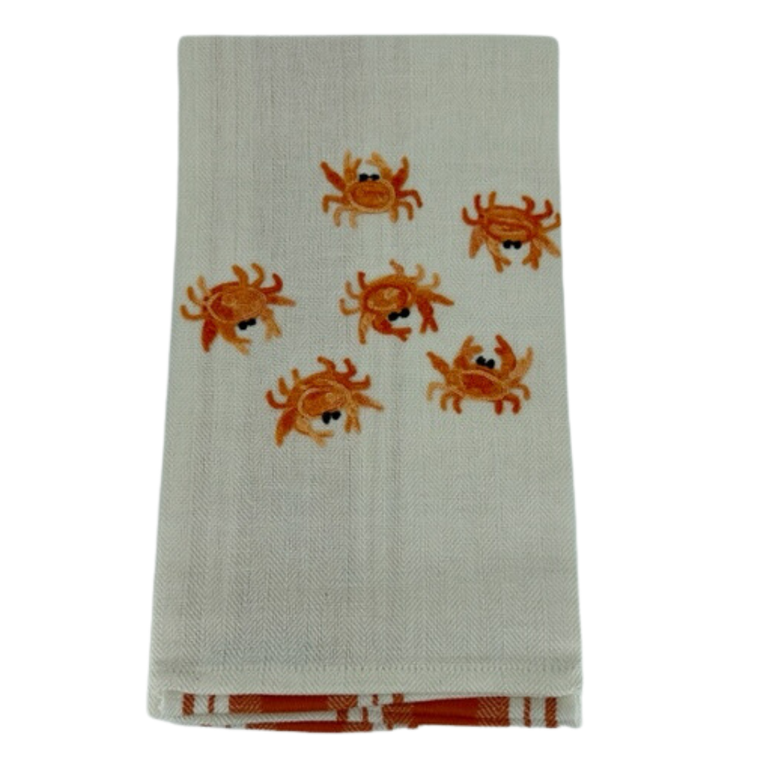 Due Fragole Embroidered Orange Striped Kitchen Towel in Crab