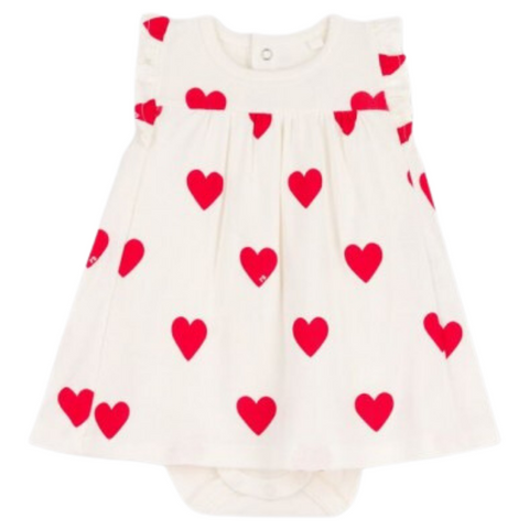 Short Sleeve Heart Print Bodysuit Dress in White/Red