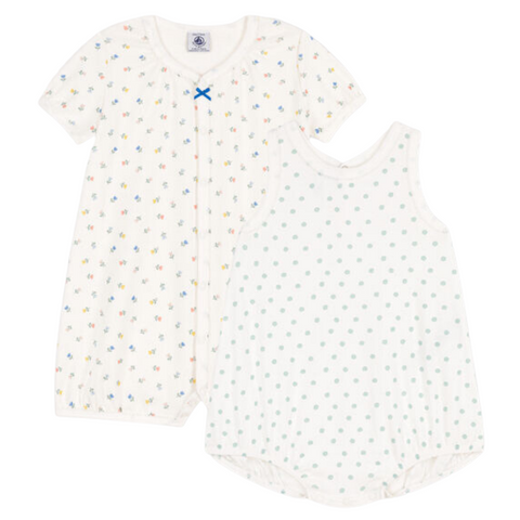 Flower + Dots Playsuits Set in White Multi