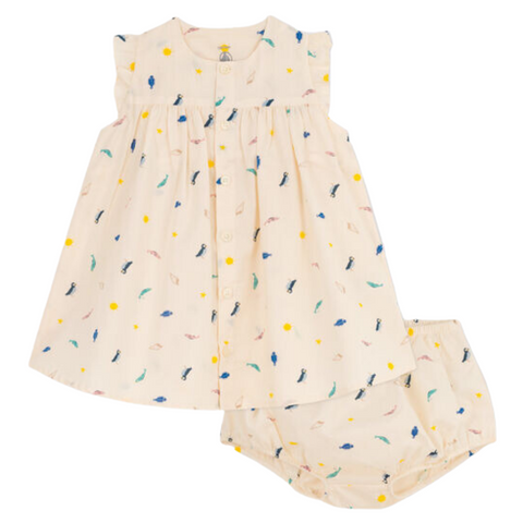 Fish + Bird Print Dress with Bloomers in Cream Multi