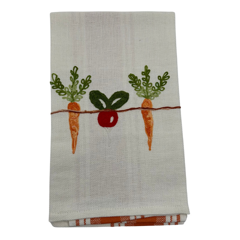 Due Fragole Embroidered Striped Kitchen Towel in Radish + Carrot