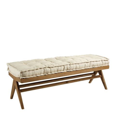 Mena Caned Bench with Linen Cushion in Ecru