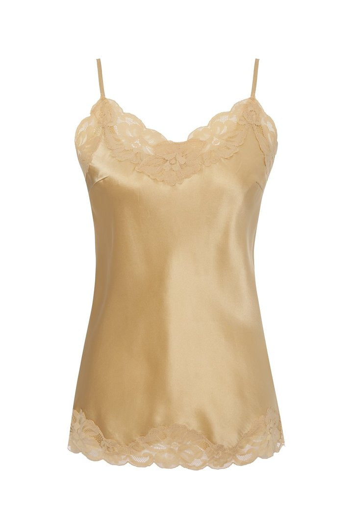 Floral Lace-Trimmed Silk Camisole in Desert Camel