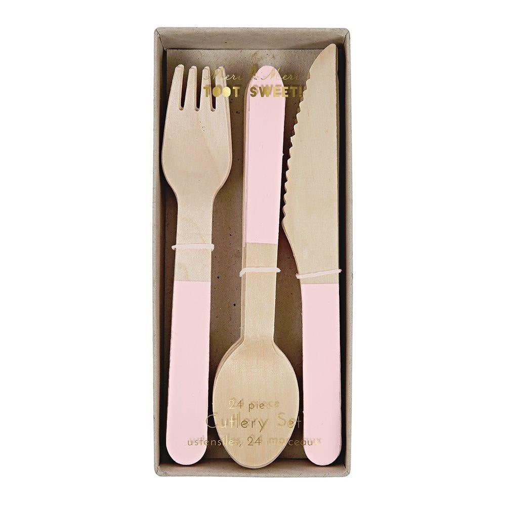 Pink Accented Wooden Cutlery Set
