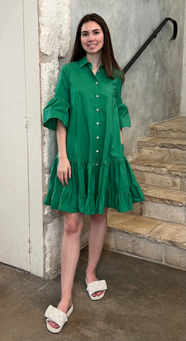 Flounce Sleeve Belted Mini Dress in Emerald