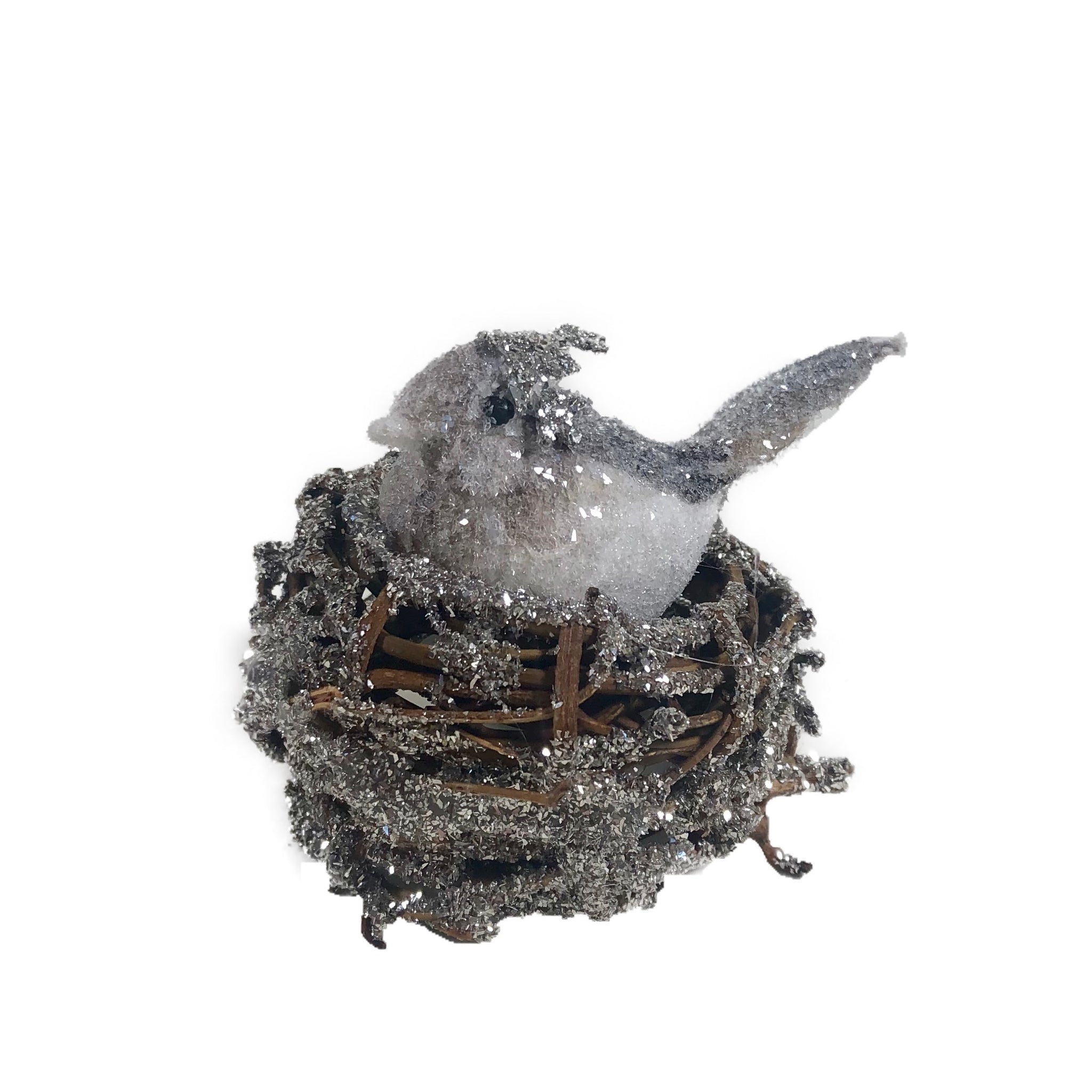 Silver Glittered Baby Bird in Nest
