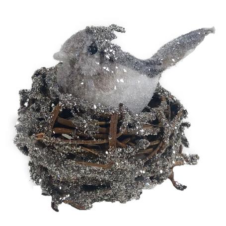 Silver Glittered Baby Bird in Nest