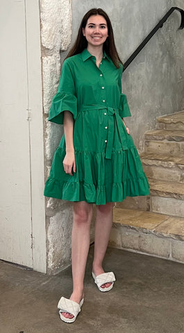 Flounce Sleeve Belted Mini Dress in Emerald